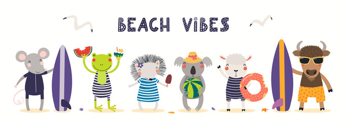 Fototapeta premium Hand drawn card, banner with cute animals in summer, text Beach Vibes. Vector illustration. Isolated on white. Scandinavian style flat design. Concept for kids holidays print, invite, poster.