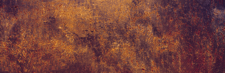 Panoramic grunge rusted metal texture. Rusty corrosion and oxidized plate. Worn metallic iron background.
