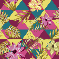 Lily flowers golden leaves seamless multicolor triangle background