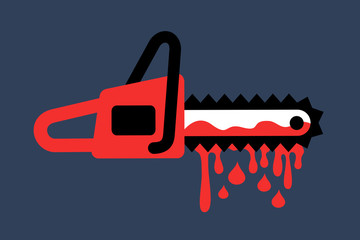 Mechanical saw and chainsaw is  stained by red bloody blood - accident or tool and machine as spooky, scary and creepy violent weapon.  Vector illustration. - obrazy, fototapety, plakaty