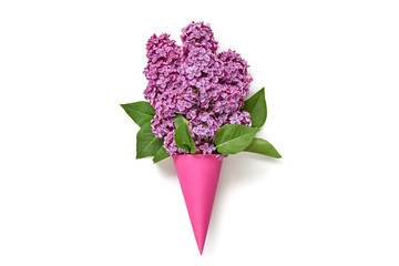 Lilac blossom spring bouquet in ice cream cone. Pink bloom flowering, top view. Minimal creative concept. Springtime blooming background. Trendy lilac fashionable design