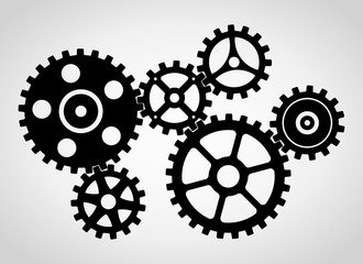 Silhouette of a mechanical gears set, large sprockets 25 teeth, small sprockets 15 teeth. Vector illustration. - obrazy, fototapety, plakaty