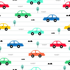 Seamless pattern Colorful vintage car and small trees on a white background with a notebook pattern as wallpaper. Design in cartoon style Used for fabric, textile, vector illustration
