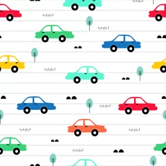 Foto op Plexiglas Auto Naadloze patroon Kleurrijke oldtimers en kleine bomen op een witte achtergrond met een notebook-patroon als achtergrond. Ontwerp in cartoonstijl Gebruikt voor stof, textiel, vectorillustratie
