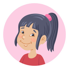 Portrait of a cute girl with black hair. Avatar icon in the circle. In cartoon style. Isolated on white background. Vector illustration.