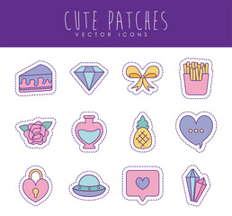 Cute patches line and fill style icon set vector design