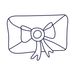 A cute closed fairy envelope decorated with a bow ribbon in doodle style. Hand drawn vector illustration in black ink isolated on white background. Great for coloring book.