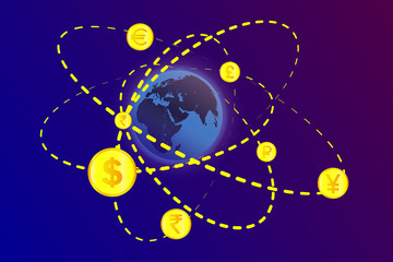 Currency exchange. Symbols of money, currencies of different countries of the world are located on arrows around the Earth