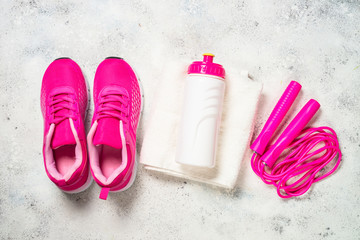 Fitness equipment flat lay image on white background.