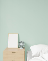 close up pastel green minimal japanese modern bedroom with sideboard and fan, mock up, copy space , 3d rendering