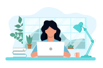 Vector concept of work and study at home, chat online support remotely from home. Isolated white background. Young girl at a computer with flowers, books and a lamp. Illustration, flat style.