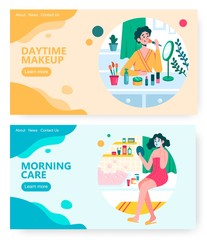 Woman apply makeup at home. Girl morning care in bathroom. Cosmetics and daytime make up concept illustration. Vector web site design template. Landing page website illustration