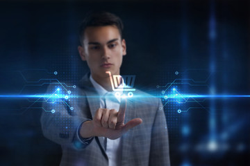 Business, Technology, Internet and network concept. Young businessman working on a virtual screen of the future and sees the inscription: