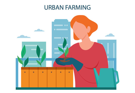 Urban farming or gardening concept. City agriculture. People planting