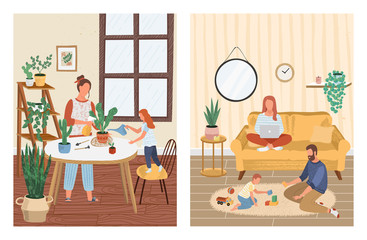 Happy family stay at home concept vector illustration in cartoon style. Mother and daughter watering plant in home garden. Father plays with son while mother uses laptop sitting on sofa