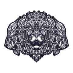 Hand drawn doodle zentangle 3 lions head illustration
