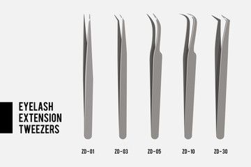 Tweezers for Eyelash extension. Set of Professional tools tweezers. Set of most popular steel tweezers isolated on white background - obrazy, fototapety, plakaty