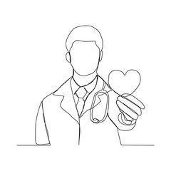 Continuous line drawing of man doctor holding heart on palm hand. Vector illustration