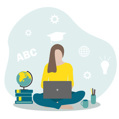 Girl working on laptop at home. Distant work. Online education. Stay safe. Flat vector illustration.