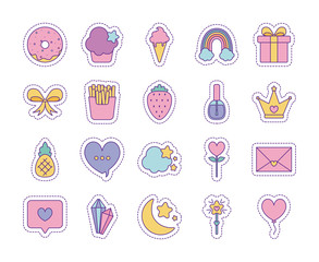 Cute patches line and fill style icon set vector design