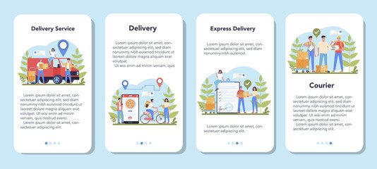 Delivery service mobile application banner set. Courier in uniform