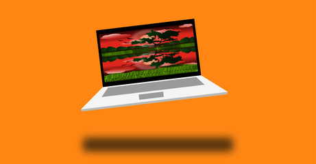 3D illustration graphic of a laptop with an evening view of the village with the red sky, bright sun, flying birds, trees, hurt, clouds, and reflection on the water, isolated on yellow background