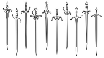 Set of simple vector images of rapiers and epees drawn in art line style.