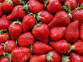 Flatlay from a large number of strawberries. Natural background.