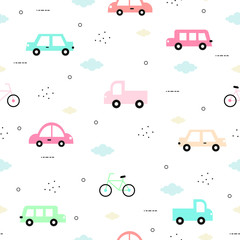 Seamless pattern Vintage car and bicycle and with cloud on a white background Cute design in cartoon style Used for fabric, textile, fashion, gift wrap, vector illustration