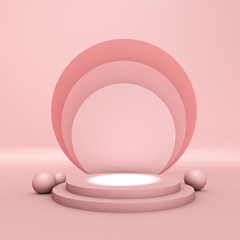 product podium, circular shapes, pastel pink tones