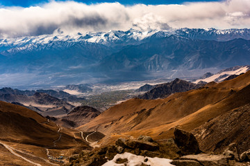 Landscape of snow mountains in Leh Ladakh with cloudy sky