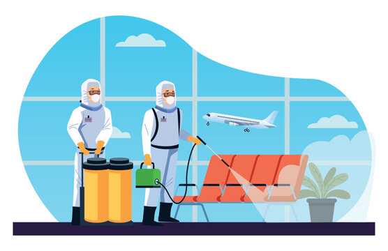 biosafety workers desinfect airport for covid19