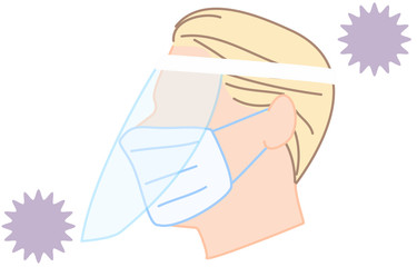 コロナウィルスに囲まれるマスクとフェイスシールドをする人のイラスト