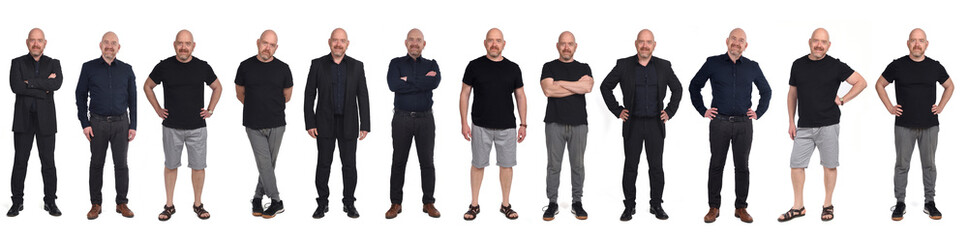 the same man in different outfits, on white background