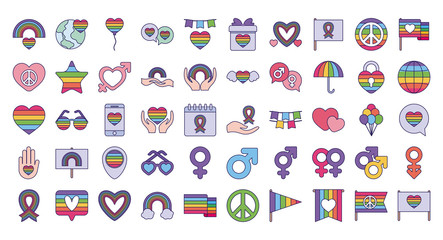 Pride day and lgtbi fill style icon set vector design