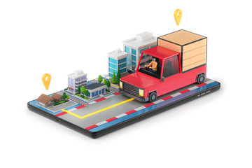 Obraz premium Delivery car with man driver shipping goods shopping online to home. tracking map GPS e-commerce application smartphone. navigation app with the road. 3D illustrator. clipping path object inside