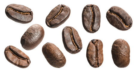 Set of fresh roasted coffee beans isolated on white background. Coffee beans close up, Espresso dark