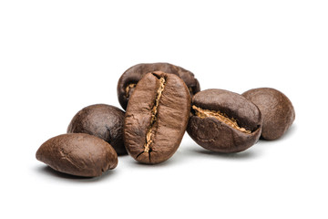 Set of fresh roasted coffee beans isolated on white background. .Coffee beans close up, Espresso dark