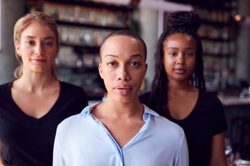 Portrait Of Female Owner Of Restaurant Bar With Team Of Waiting Staff Standing By Counter