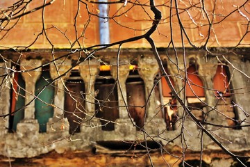 Fototapeta na wymiar Tree trunks at old rusty house background
