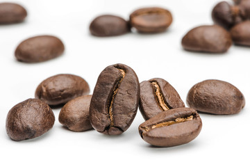 Set of fresh roasted coffee beans isolated on white background. .Coffee beans close up, Espresso dark