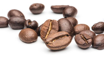 Coffee Beans isolated on white background area for copy space. Fresh roasted coffee beans