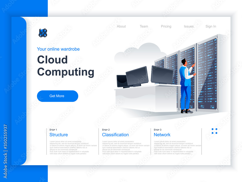 Aufkleber Cloud computing isometric landing page. IT specialist near server rack at data center situation. Hosting platform hardware technology, data structuring and classification perspective flat design.