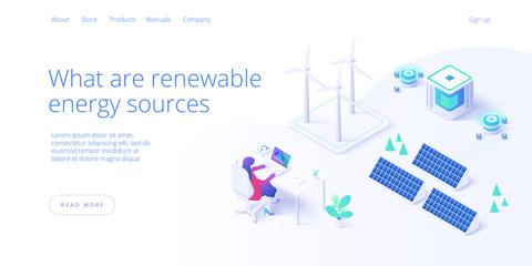 Renewable energy sources concept in isometric vector illustration. Solar electric panels and wind turbines. Sustainable power plants for clean environment . Web banner layout template design.