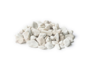 Marble rubble on a white background in the form of a pile of stones. Marble crushed stone fraction is used in landscape design, construction, and aquarium soil