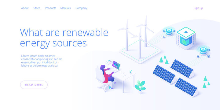 Renewable Energy Sources Concept In Isometric Vector Illustration. Solar Electric Panels And Wind Turbines. Sustainable Power Plants For Clean Environment . Web Banner Layout Template Design.