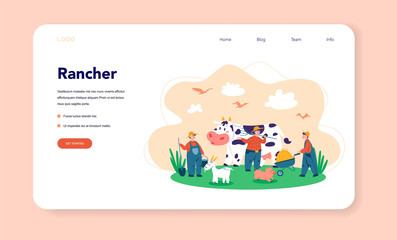Farm, farmer web banner or landing page. Farmers working on the