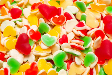 Juicy colorful jelly sweets. Gummy candies. Hearts.
