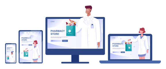 Online pharmacy web banner on phone screen. Medicine