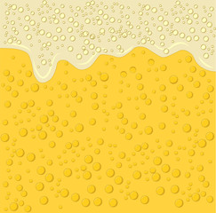 Beer foam and bubbles background. Vector poster template of seamless realistic craft beer with flowing foam and bubbles. Hops and malt. Light alcoholic beverage for relaxation.
